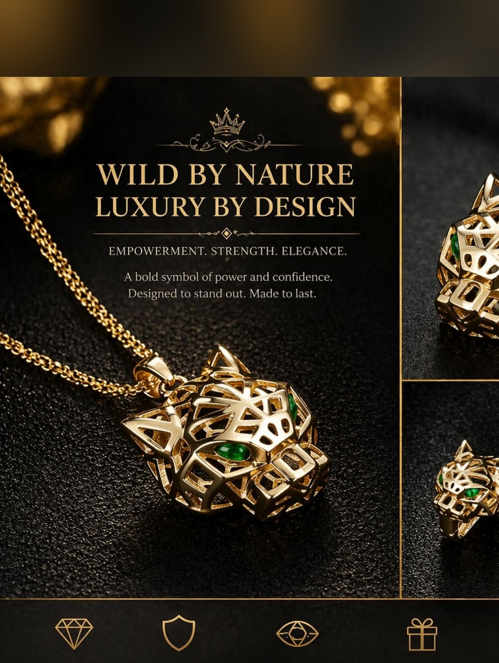 Gold Leopard Head Pendant Necklace - Women Jewelry - Picture 4 of 4